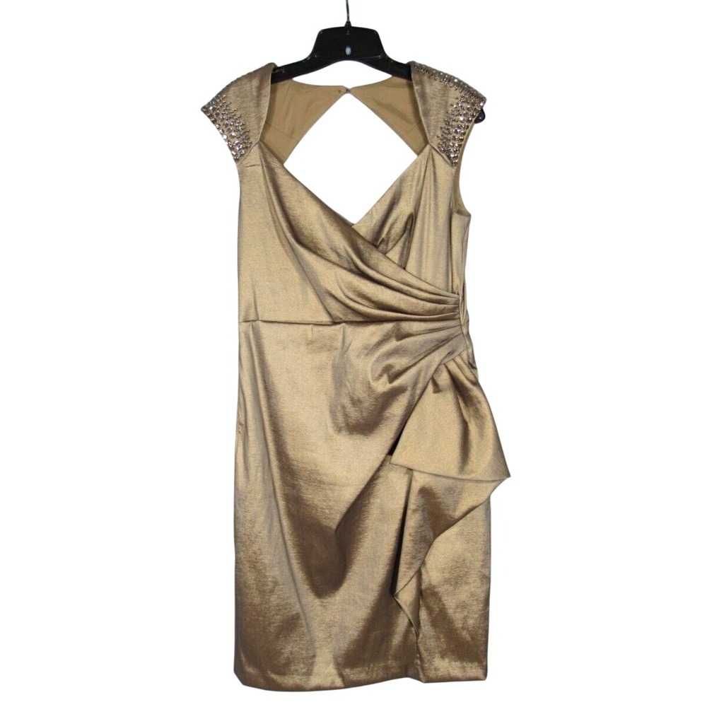 MAGGY LONDON Golden Bronze TAFFETA Rhinestones SURPLICE Sheath COCKTAIL DRESS 10